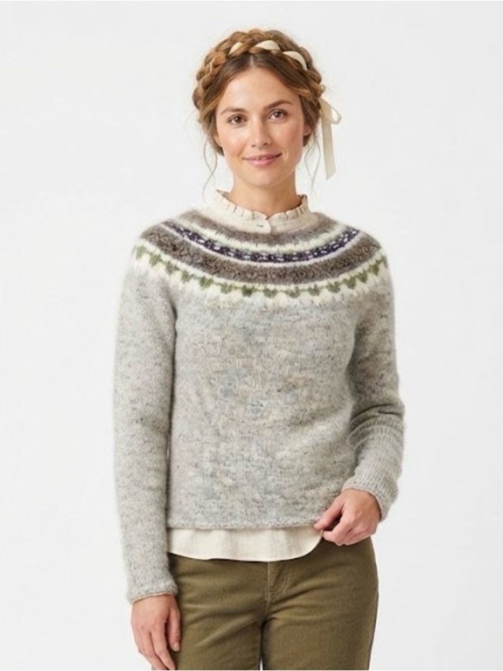 Hand Knit Nordic Fair Isle Wool Sweater Grey Purple Green Round Yoke Small